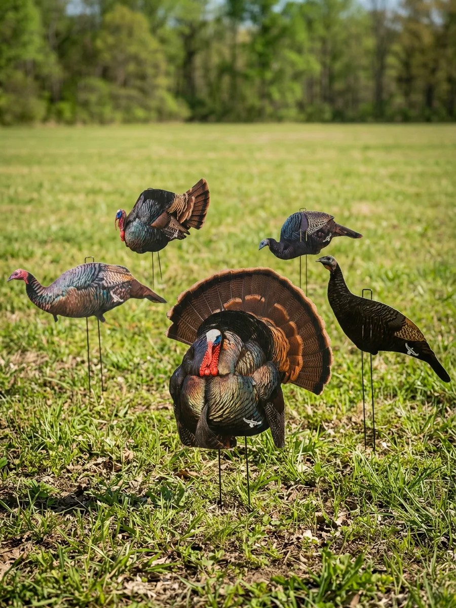 Committed Waterfowl silhouette turkey decoys staked in a spring field