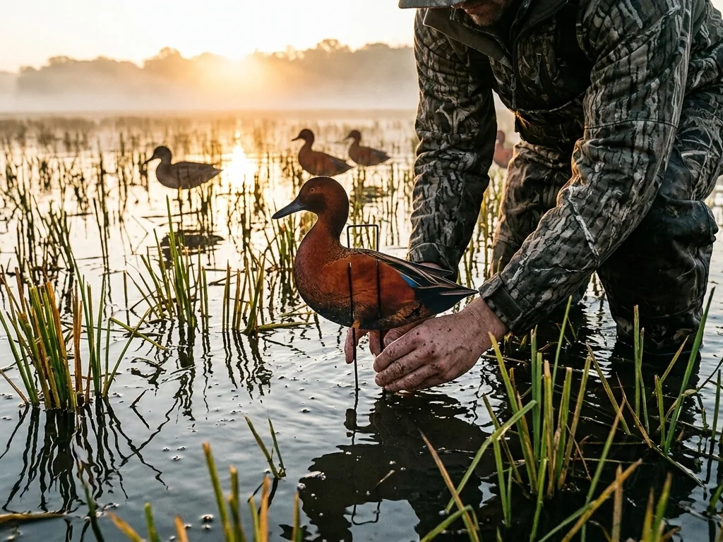 A hunter setting Immortal Series duck decoys in shallow water at golden hour